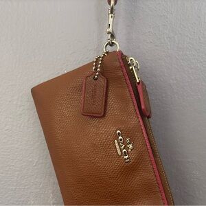 Coach Brown Leather Wristlet / Double Zip Wallet - Pink Accents & Interior